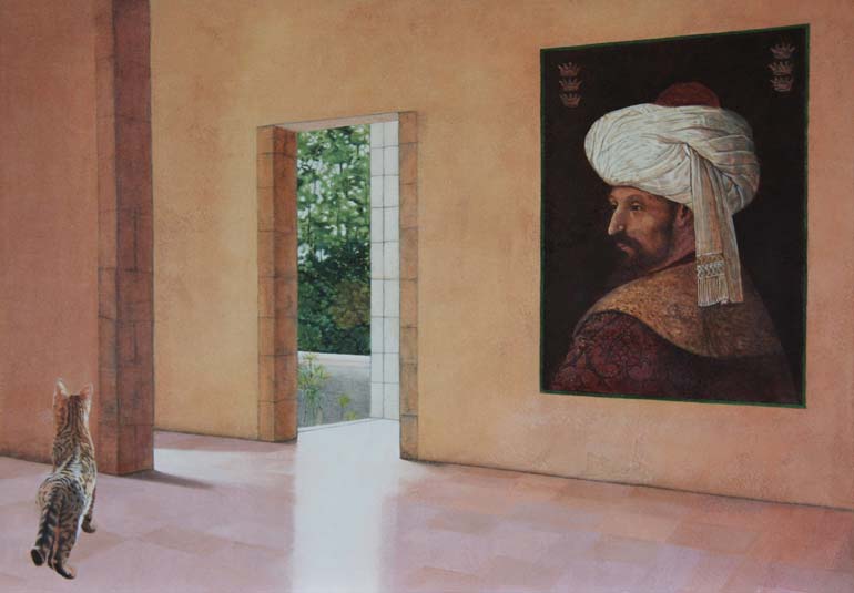 Painting of an Old Master along with Annari's Bengal cat, Bijou