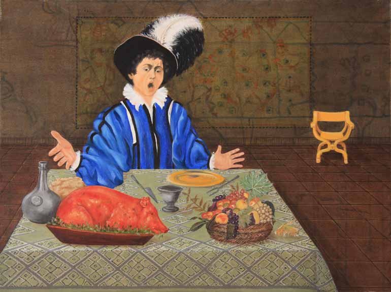 Painting of Caravaggio at a table lade with food and liquid refreshments, reflecting his painting style.