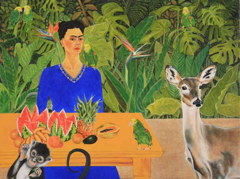 Painting of Frida Kahlo at a table lade with food and liquid refreshments, reflecting her painting style.