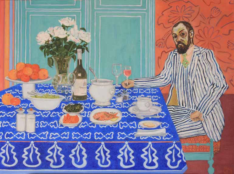 Painting of Henri Matisse at a table lade with food and liquid refreshments, reflecting his painting style.
