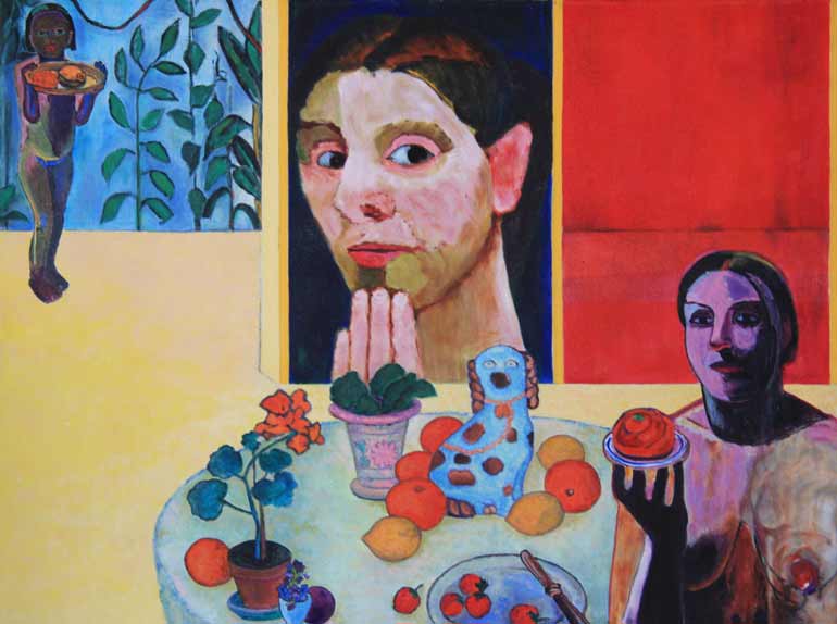 Painting of Paula Modersohn-Becker at a table lade with food and liquid refreshments, reflecting her painting style.