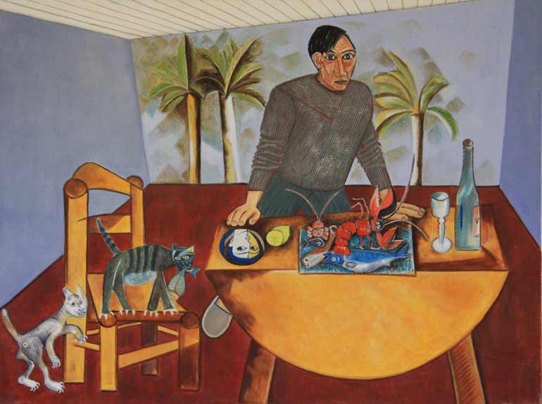 Painting of Pablo Picasso at a table lade with food and liquid refreshments, reflecting his painting style.