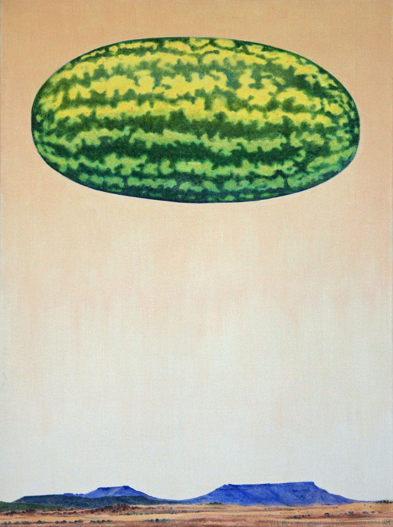 Painting of a floating watermelon